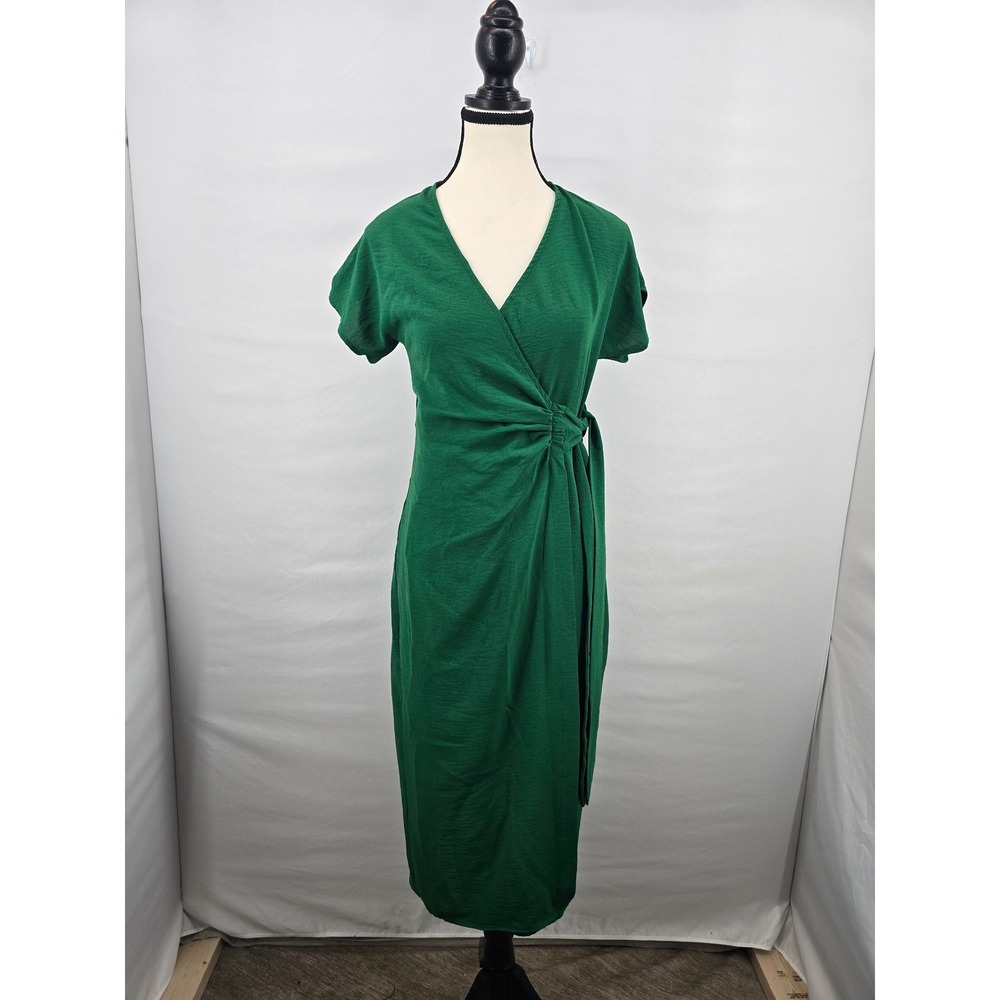 Joie de Vivre Green Slub Knit Faux‎ Wrap Midi Dress V-Neck Short Sleeve Small
